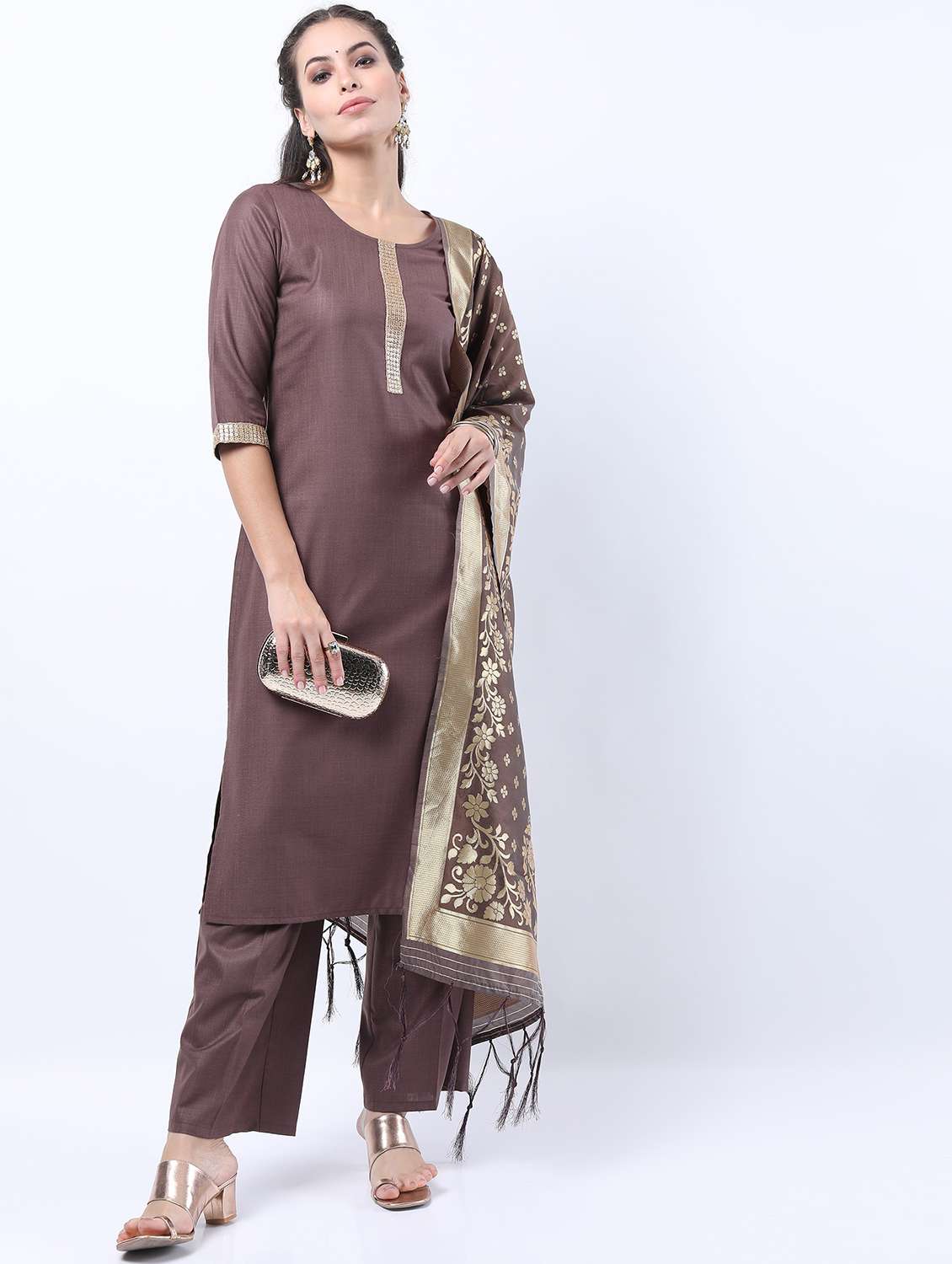 women brown kurta pant set with dupatta