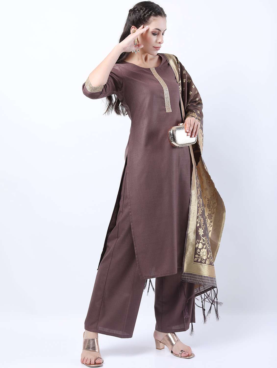 women brown kurta pant set with dupatta - 21488445 - Standard Image - 2