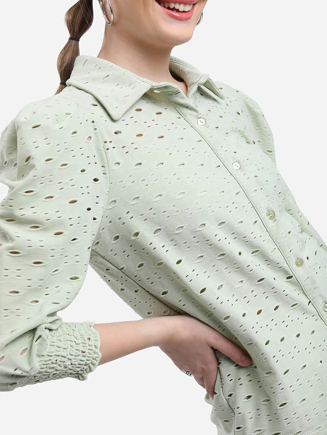 women sea green cotton blend regular shirt - 21488461 -  Standard Image - 2