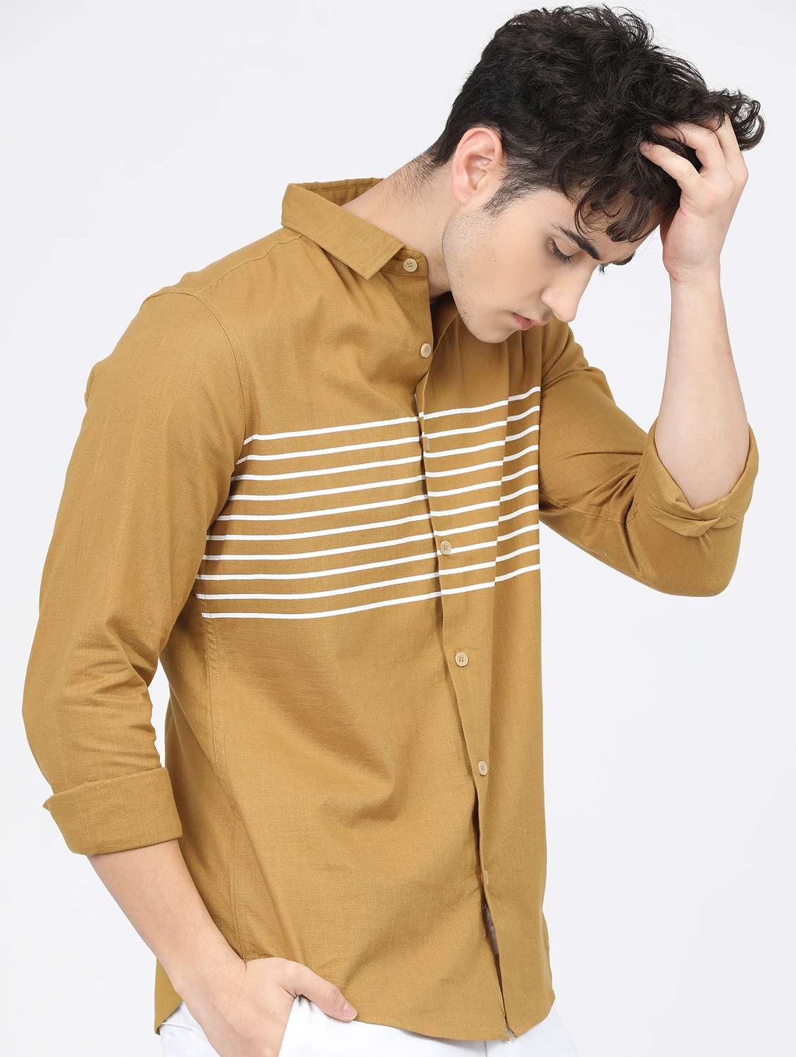 men mustard collared neck casual shirts - 21488516 -  Standard Image - 2