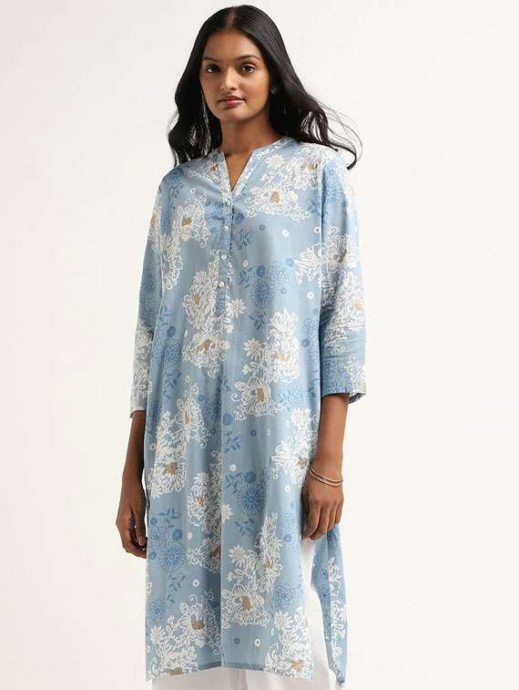 women light blue floral rayon straight kurta - 21489055 - Standard Image - 2