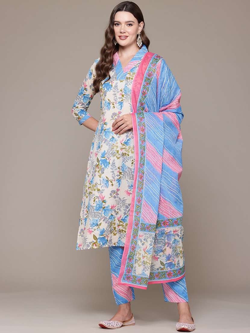 women three quarter sleeve kurta pant with dupatta set