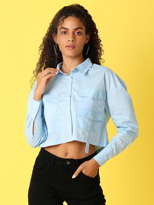 women solid collared long sleeves crop shirt - 21489444 -  Standard Image - 0