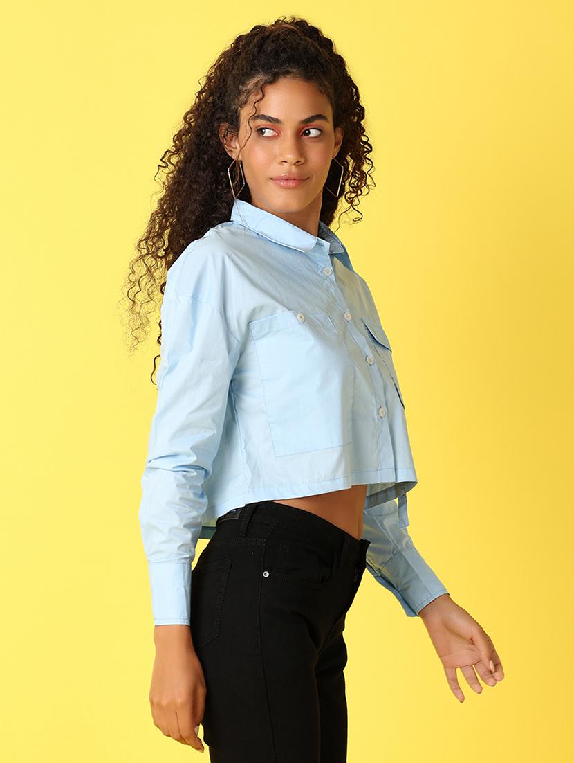 women solid collared long sleeves crop shirt - 21489444 - Standard Image - 2