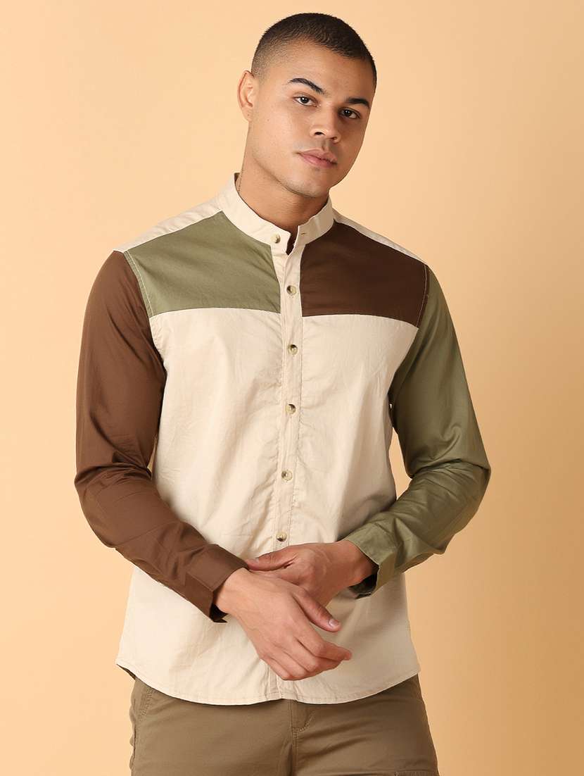 men long sleeves color block casual shirt