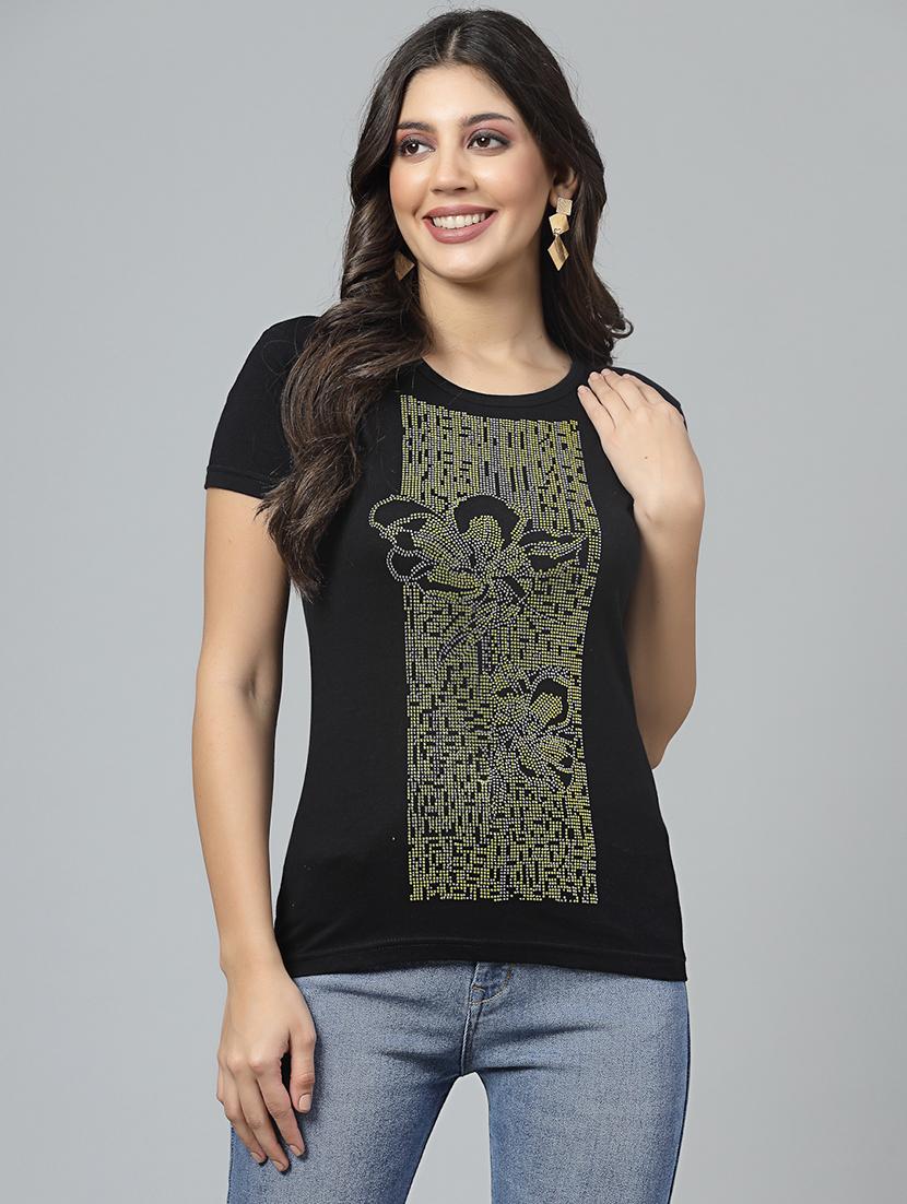 women t-shirt half sleeves round neck design front pane bouquet stone crystal work color black size (s-4xl) - 21489809 - Zoom Image - 0