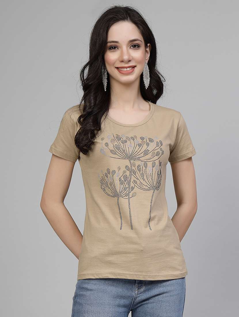 women beige cotton regular t-shirt flame flower stone crystal work size (s-4xl)