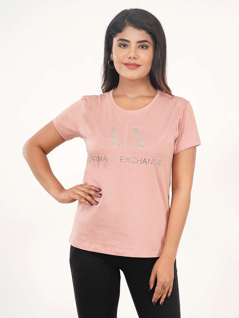 women light pink cotton regular t-shirt a|x crystal work size (s-4xl)