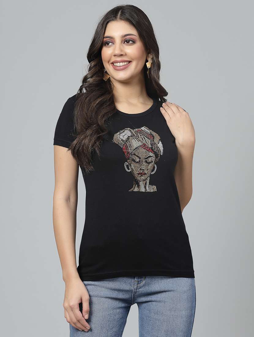 women black cotton regular t-shirt crystal work size (s-4xl)