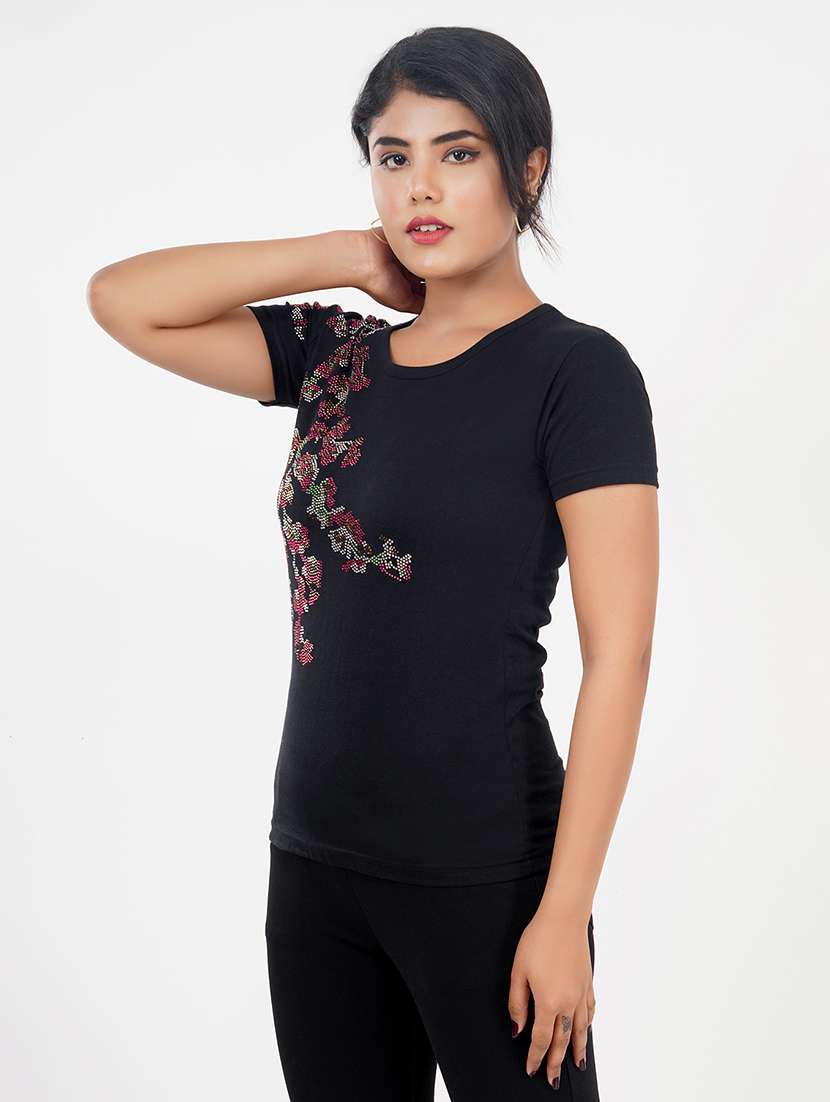women black cotton regular t-shirt crystal work size (s-4xl)