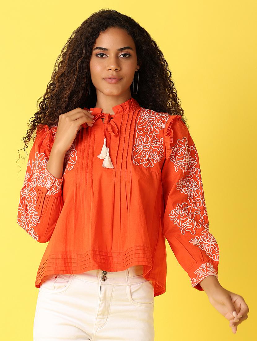 women embroidered three quarter sleeves a-line top - 21490195 - Zoom Image - 0