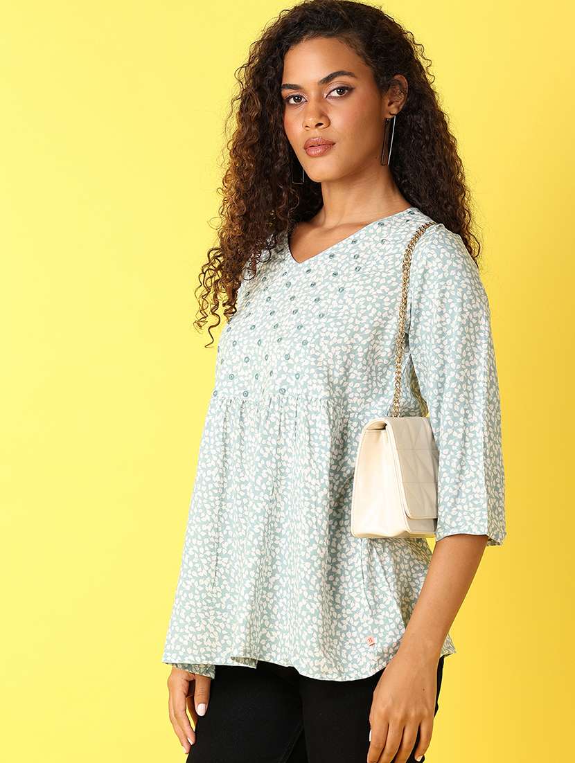 women light blue peinted flared kurti - 21490292 -  Standard Image - 2
