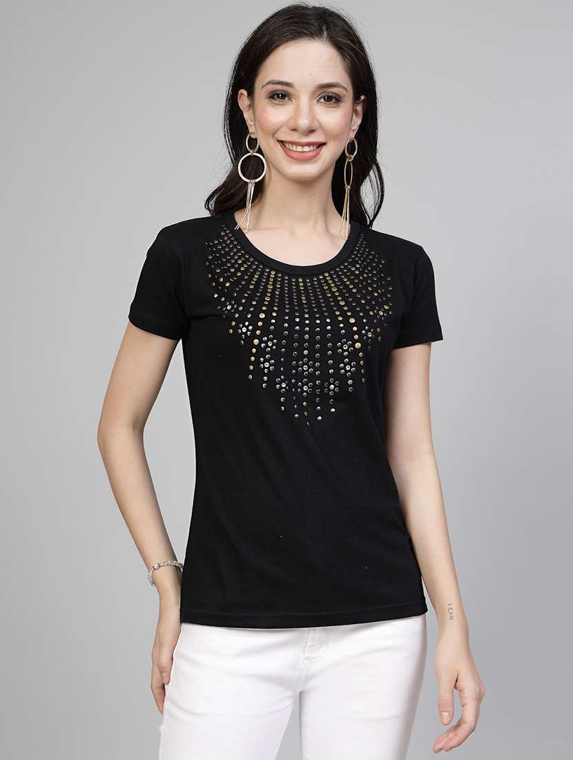 women black cotton regular t-shirt metal necklace stone work size (s-4xl)