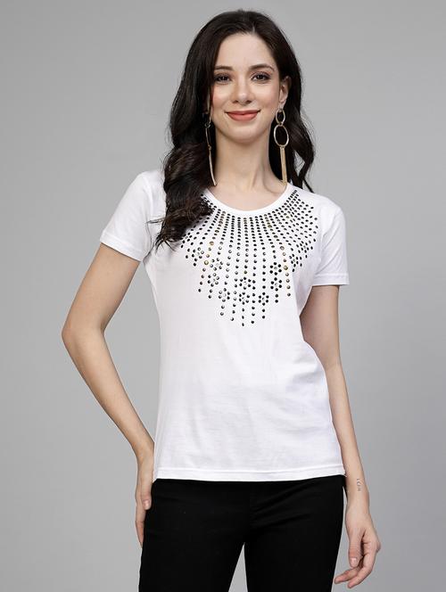 women white cotton regular t-shirt metal necklace stone crystal work size (s-4xl) - 21490583 - Standard Image - 0