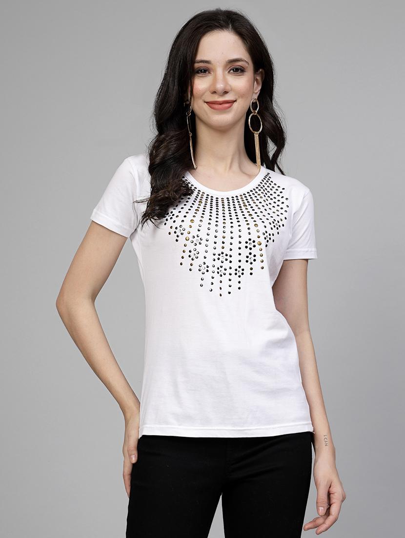 women white cotton regular t-shirt metal necklace stone crystal work size (s-4xl) - 21490583 - Zoom Image - 0