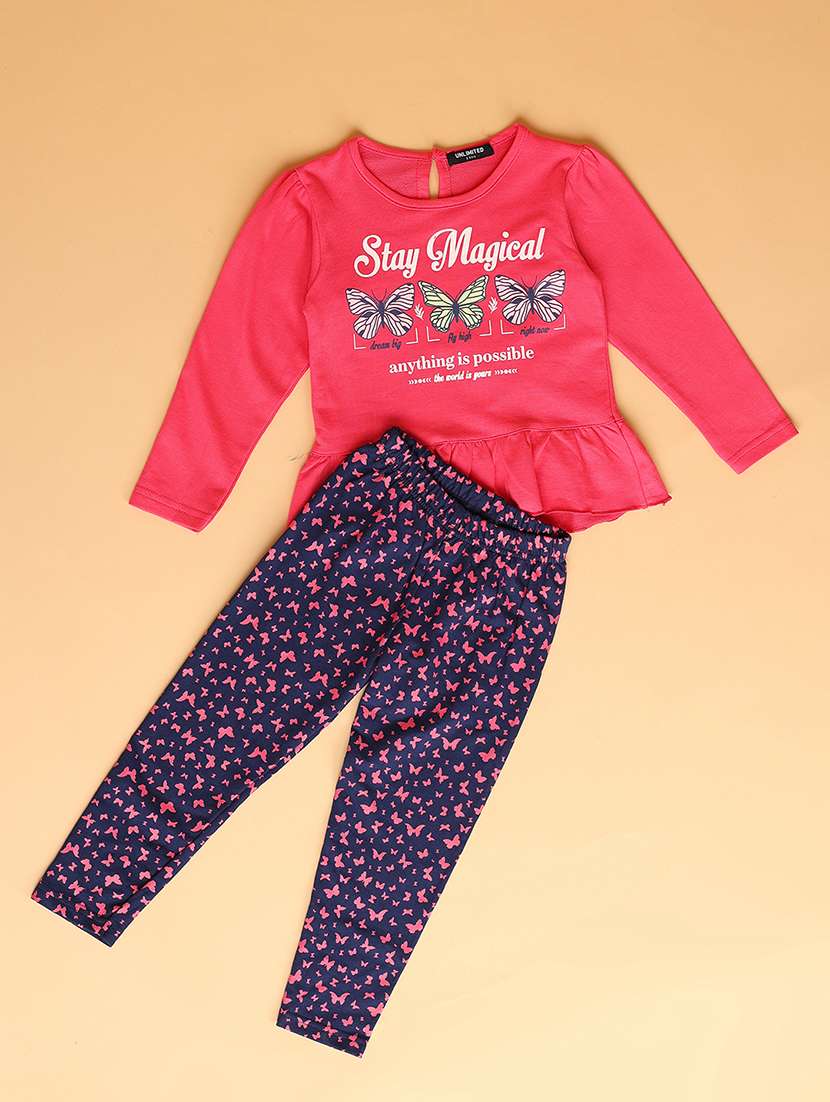 girls printed top & pyjama full length set
