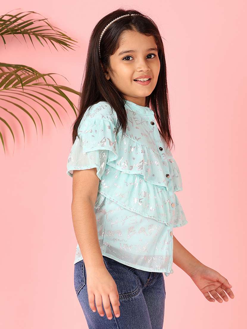 girls light blue foil print round neck top - 21491157 - Standard Image - 2