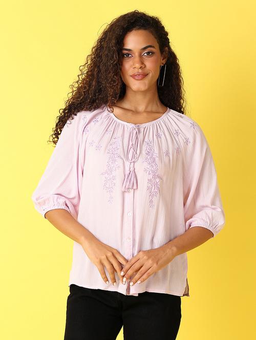 women embroidered tie up neck top - 21491360 - Standard Image - 0