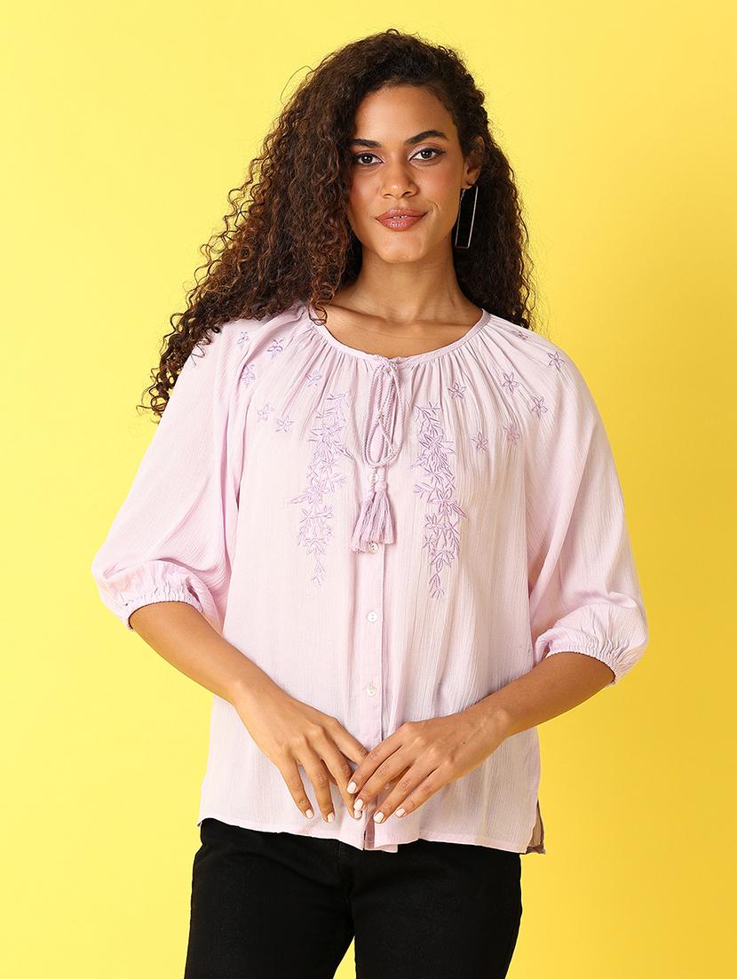 women embroidered tie up neck top - 21491360 - Zoom Image - 0