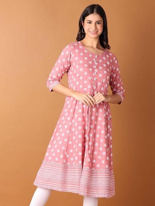 women three quarter sleeve flared kurta - 21491470 -  Standard Image - 0