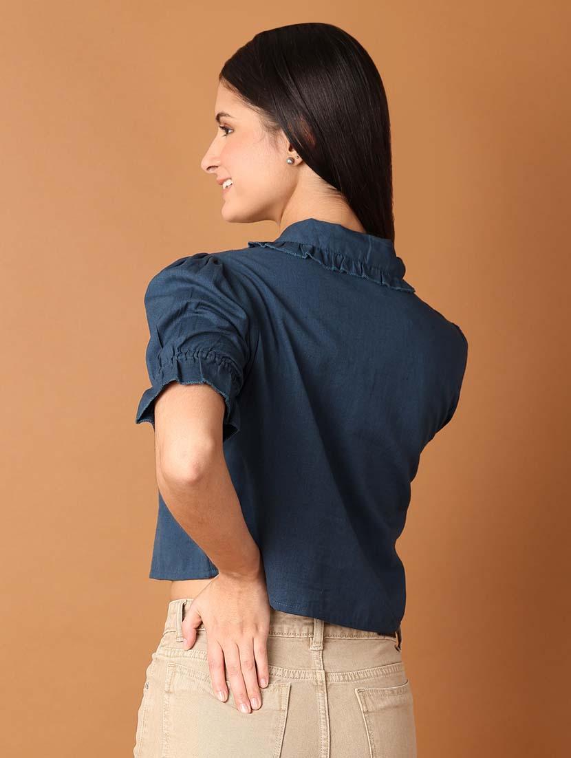 women solid puff sleeves crop top - 21491484 - Standard Image - 2