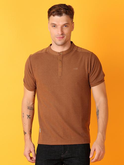 men brown slim fit plain mandarin neck t-shirt - 21491583 - Standard Image - 0