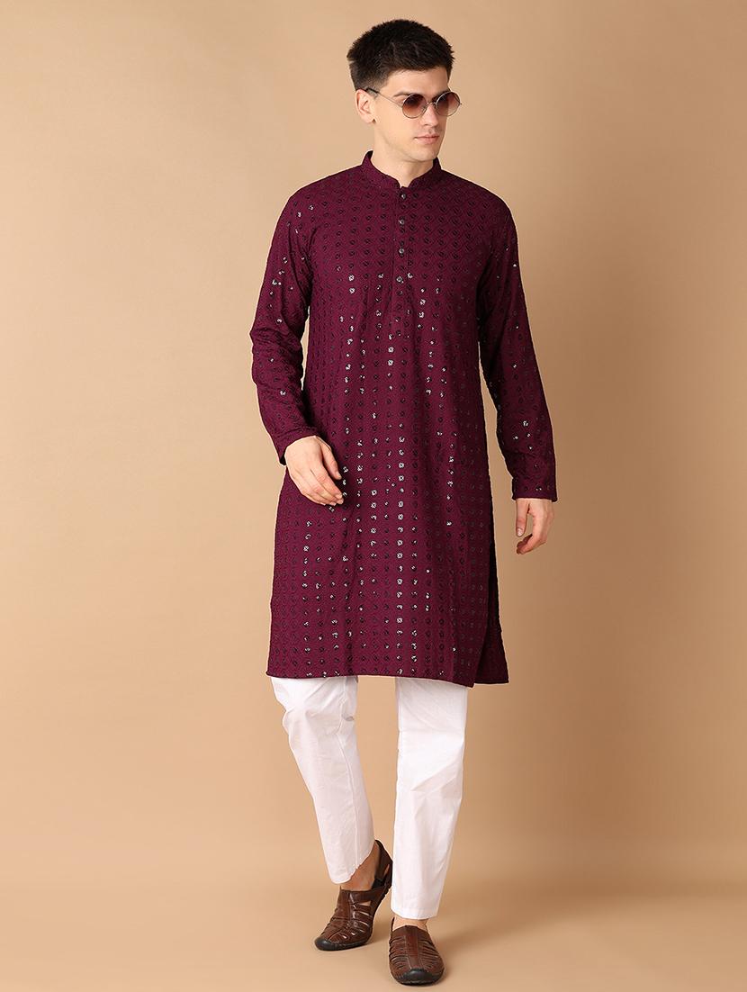 men purple self-designed kurta pyjama set