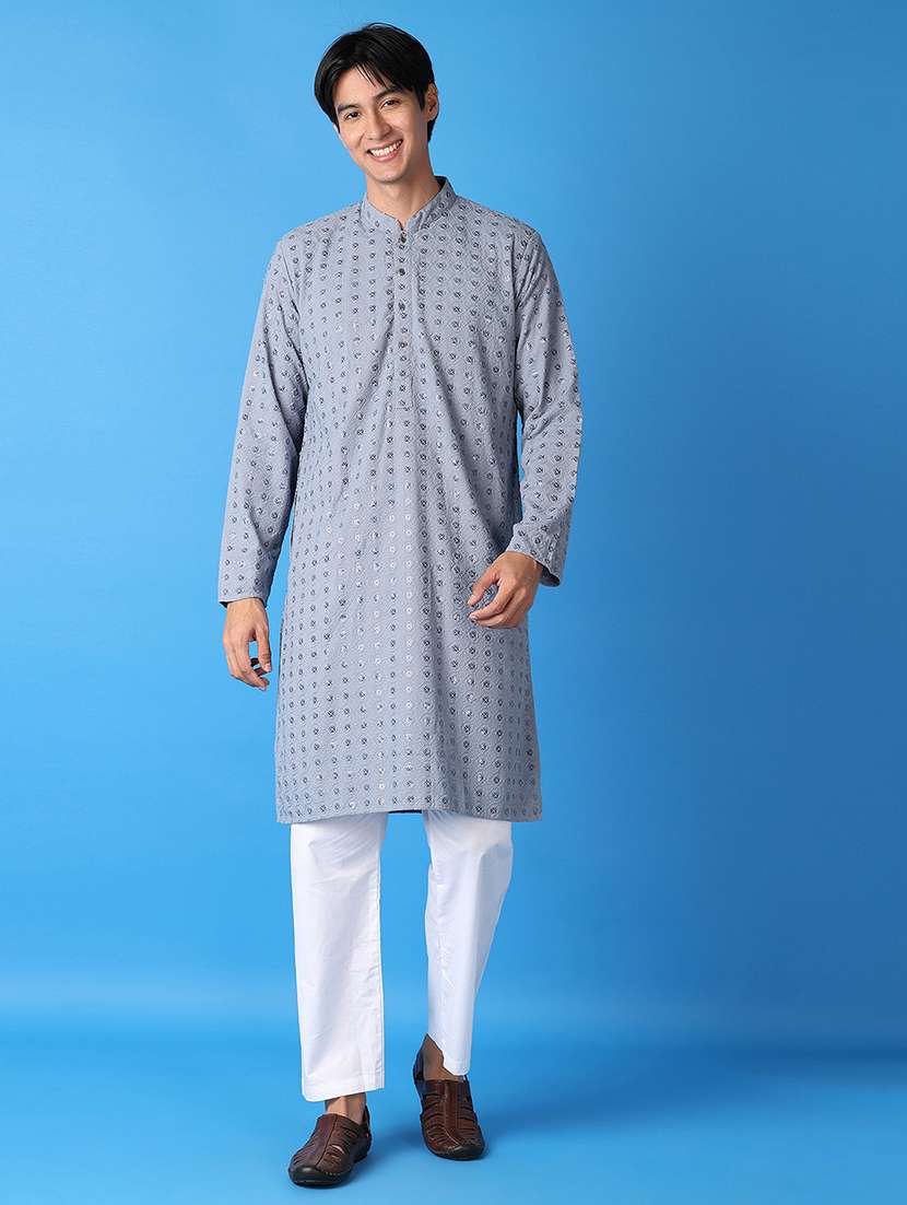 men blue self-designed kurta pyjama ethnic wear set