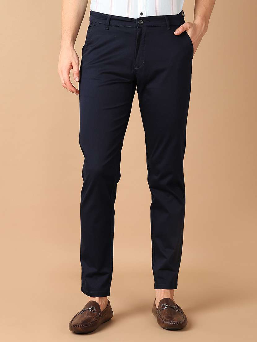 men navy blue solid chinos casual trouser