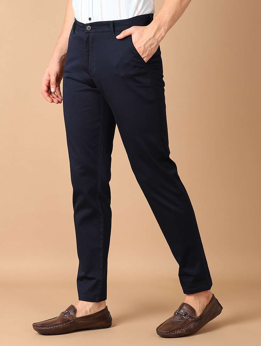 men navy blue solid chinos casual trouser - 21492357 -  Standard Image - 2