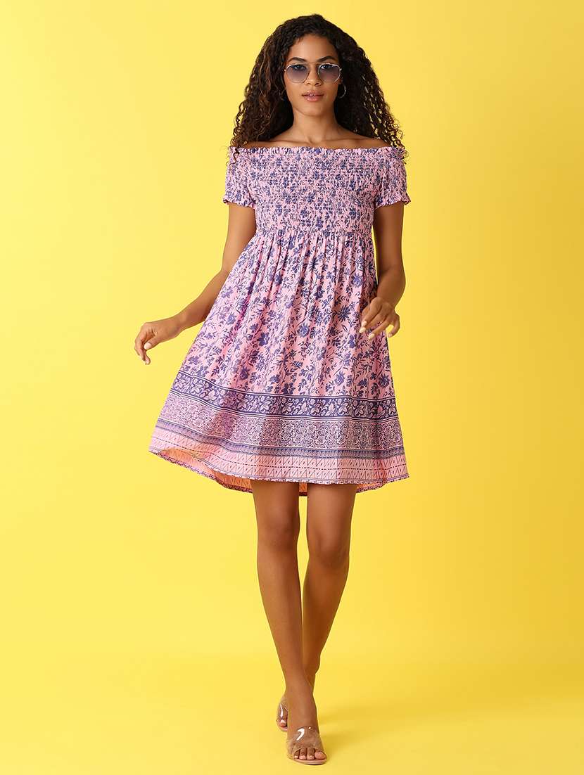 women printed smocked detailed a-line dress