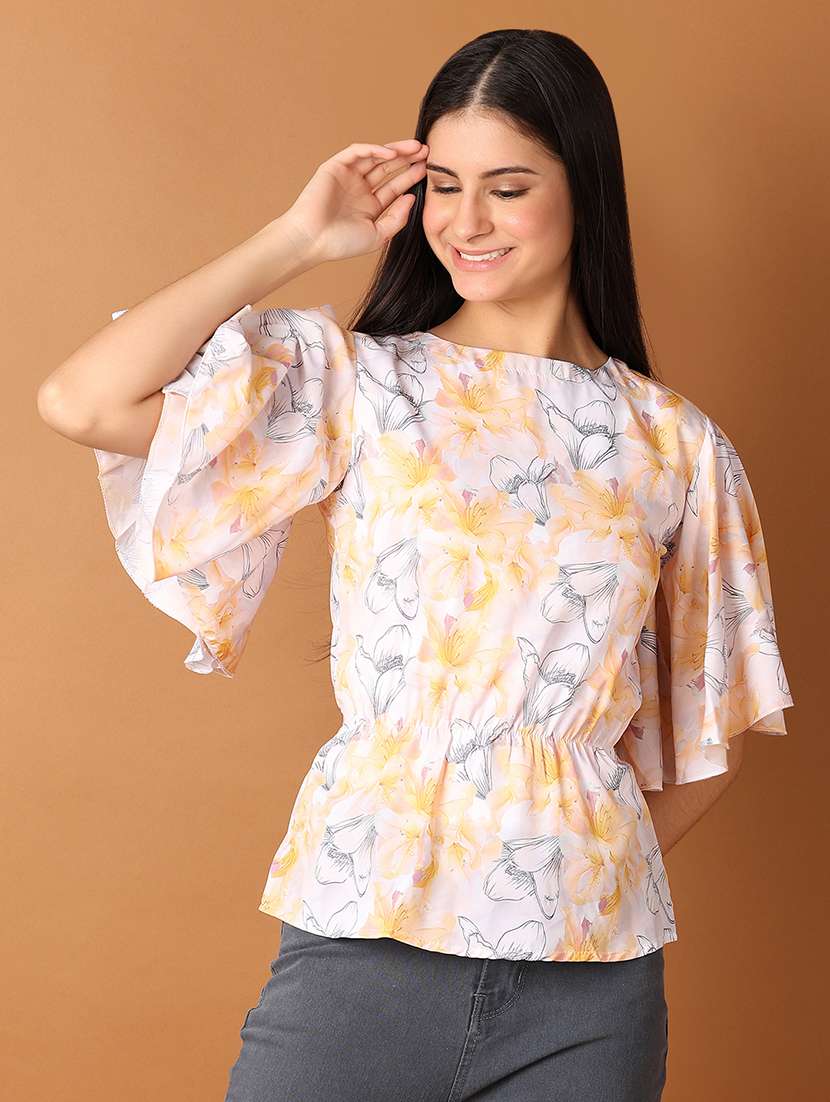 women floral printed flared sleeves peplum top