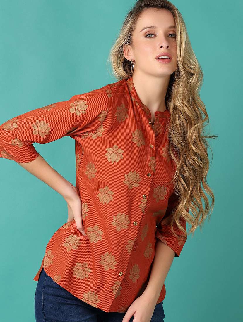 women brown floral printed shirt top - 21493430 - Standard Image - 2