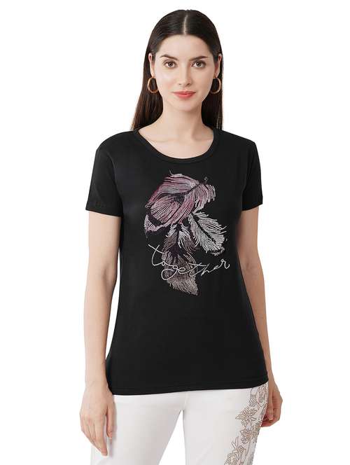 women black cotton regular t-shirt crystal work size (s-4xl) - 21493500 -  Standard Image - 0
