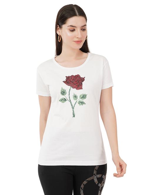 women white cotton regular t-shirt design rose flower crystal work size (s-4xl) - 21493501 -  Standard Image - 0