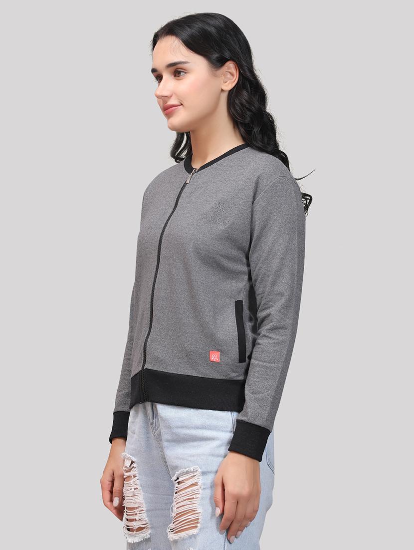 women grey melange fleece bomber jacket - 21493516 - Standard Image - 2