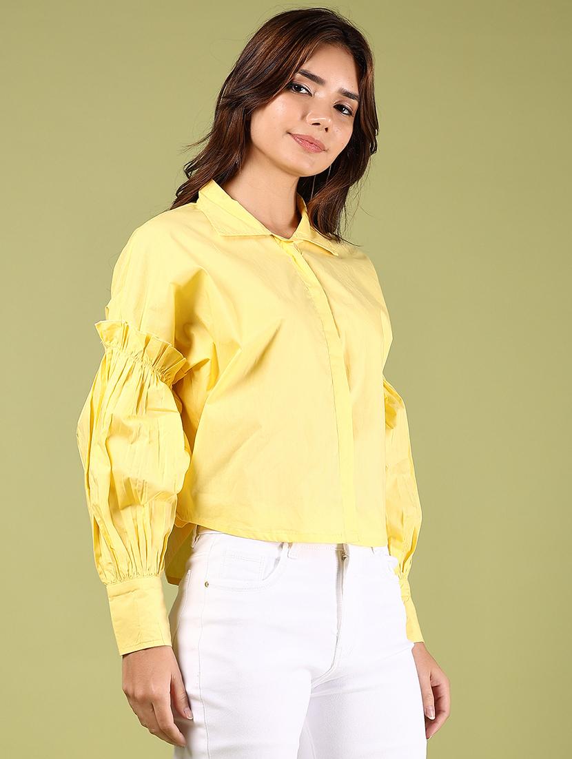 women yellow solid long sleeve shirt top - 21493644 - Standard Image - 2