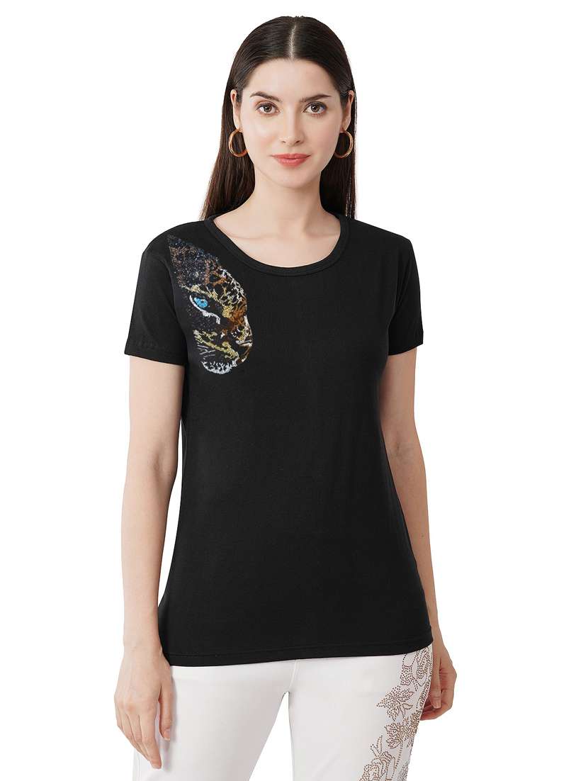 women black cotton regular t-shirt crystal work size (s-4xl)