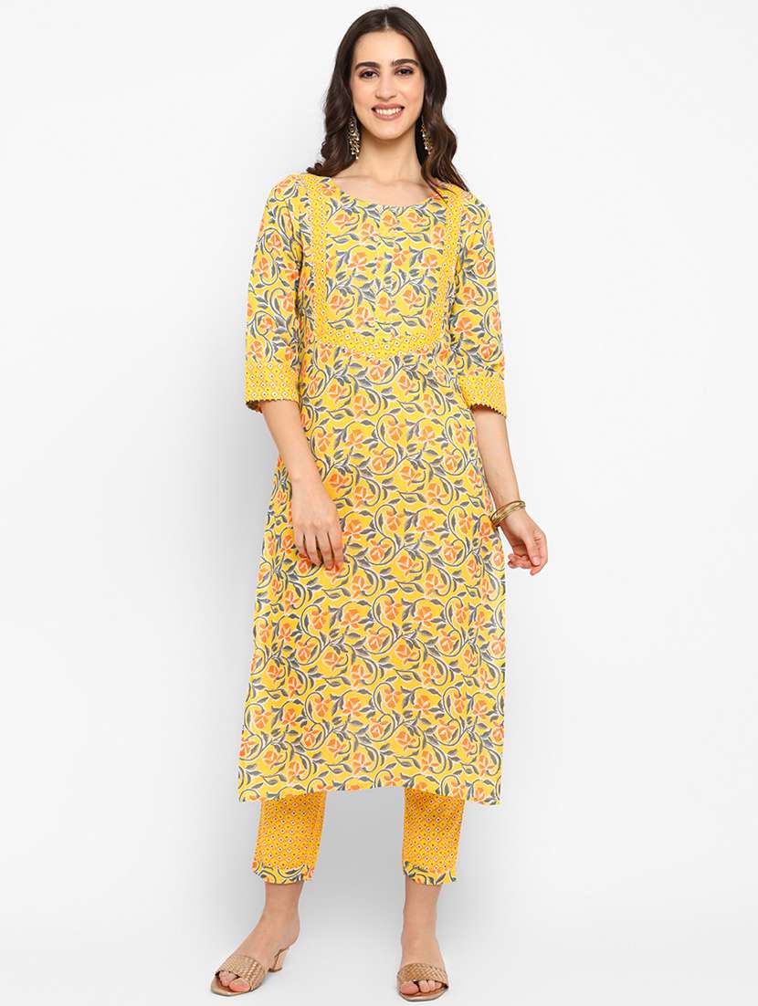 women yellow floral printed kurta pant set