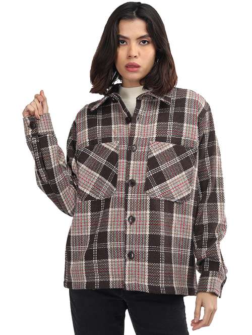 women coffee brown long sleeves shackets - 21494265 -  Standard Image - 0