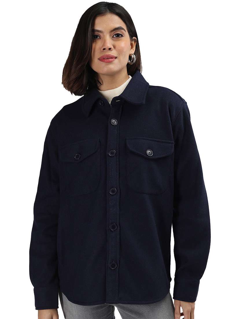 women navy blue long sleeves shackets