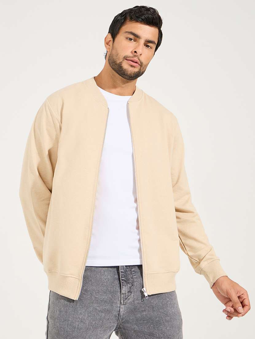 men cream solid casual jacket