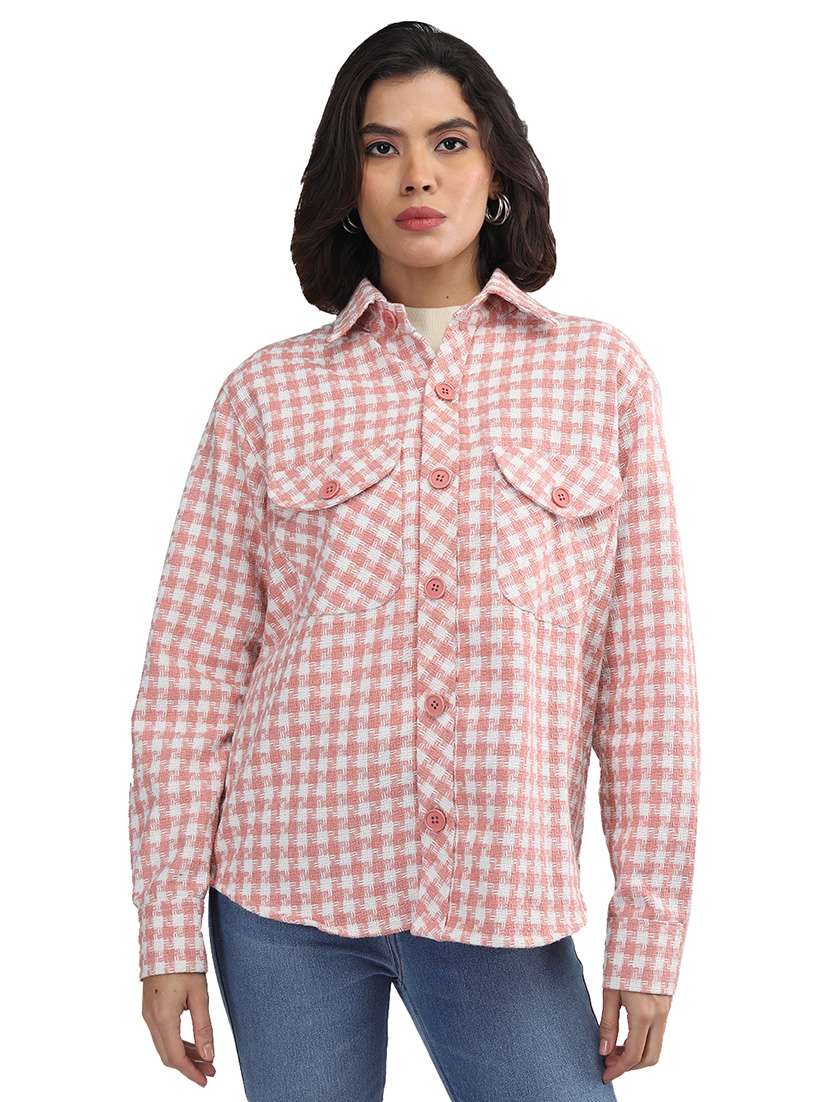 women pink long sleeves shackets