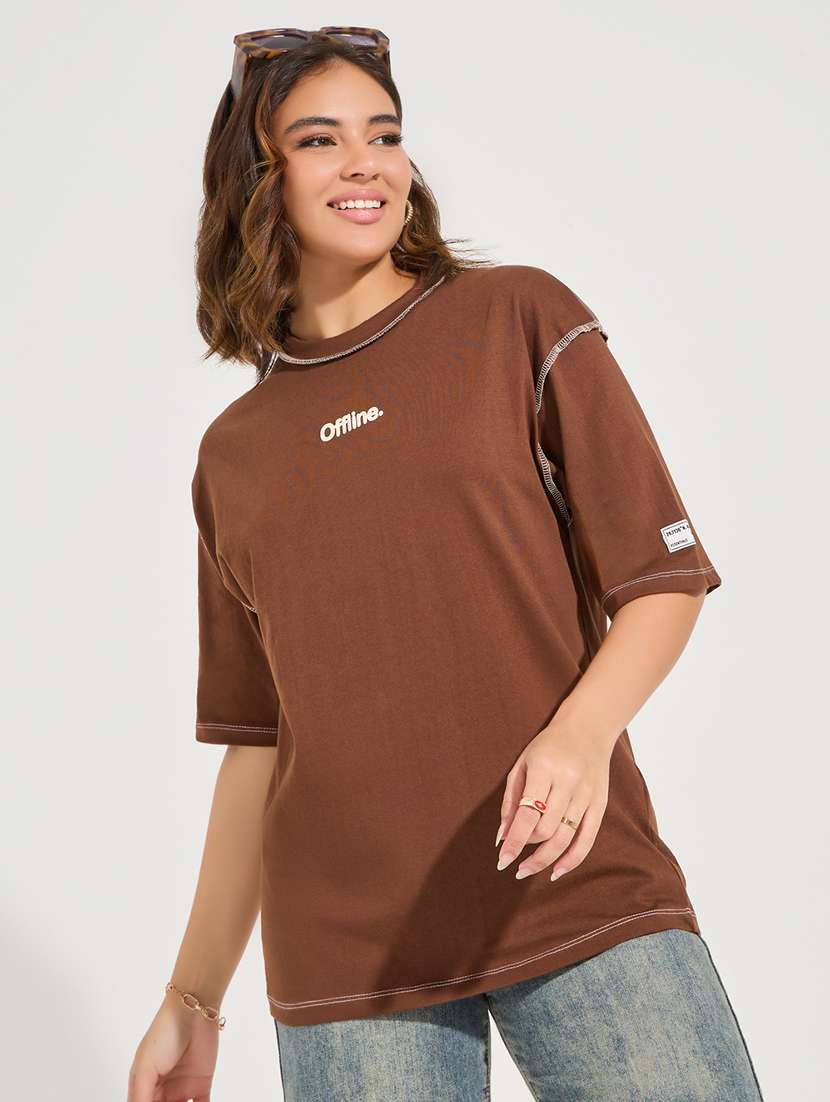 women brown cotton regular t-shirt