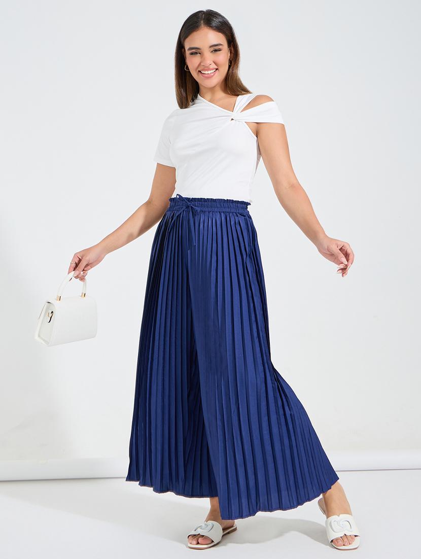 women navy blue polyester wide leg palazzos - 21494418 - Standard Image - 2