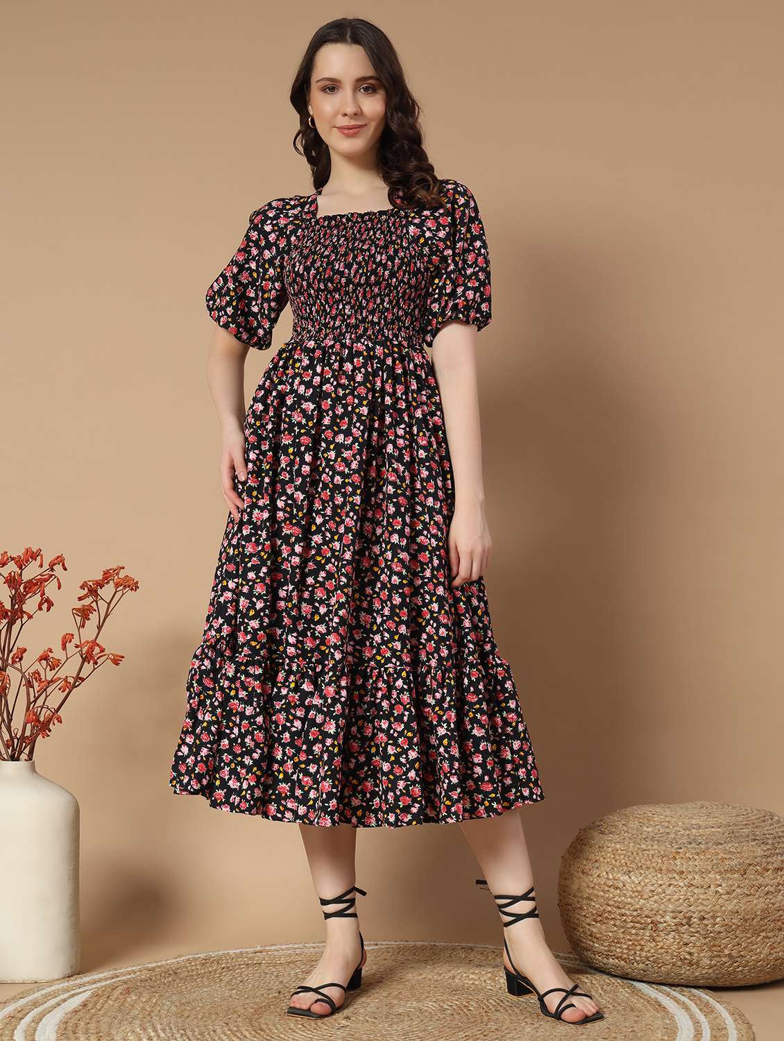 women black crepe fit and flare dress