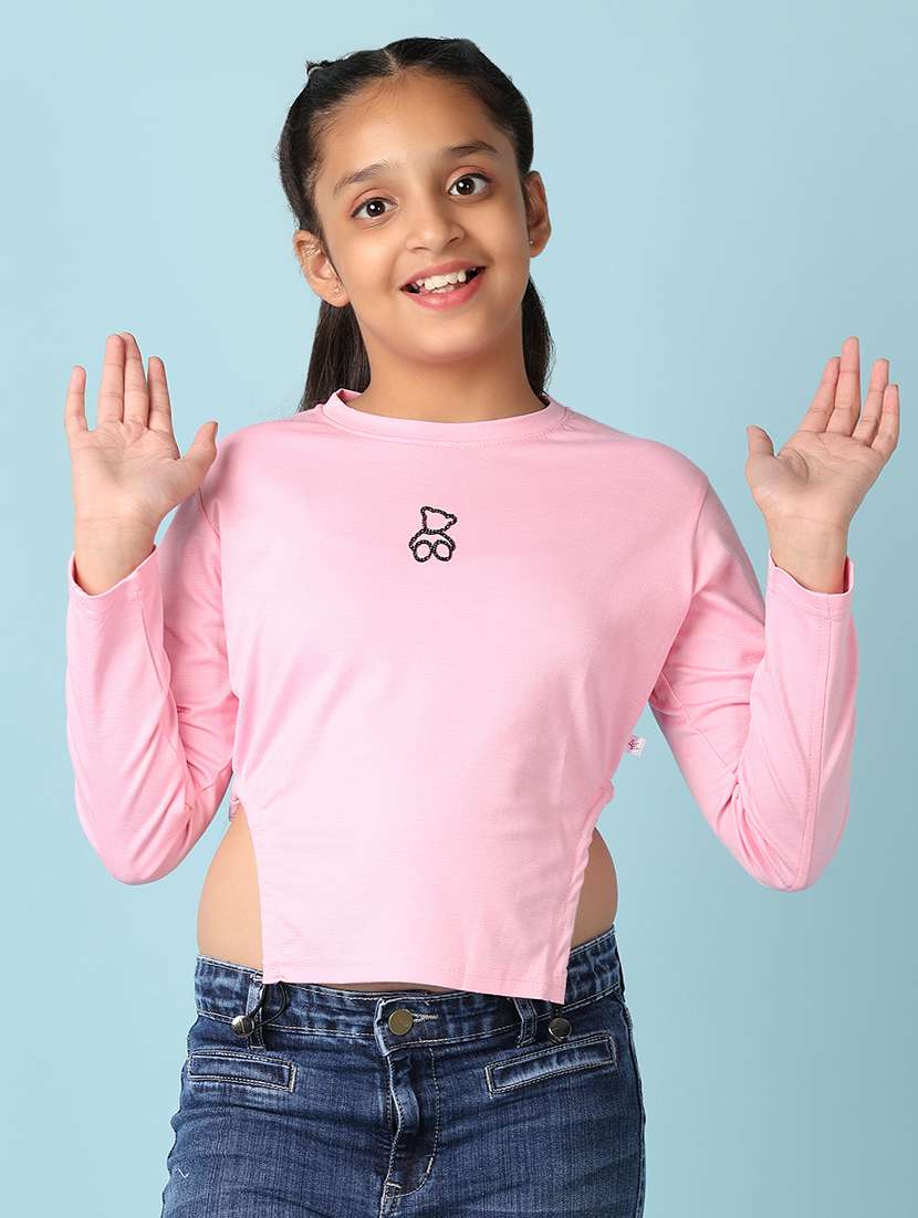 girls chest printed side cut detailed long sleeves tee