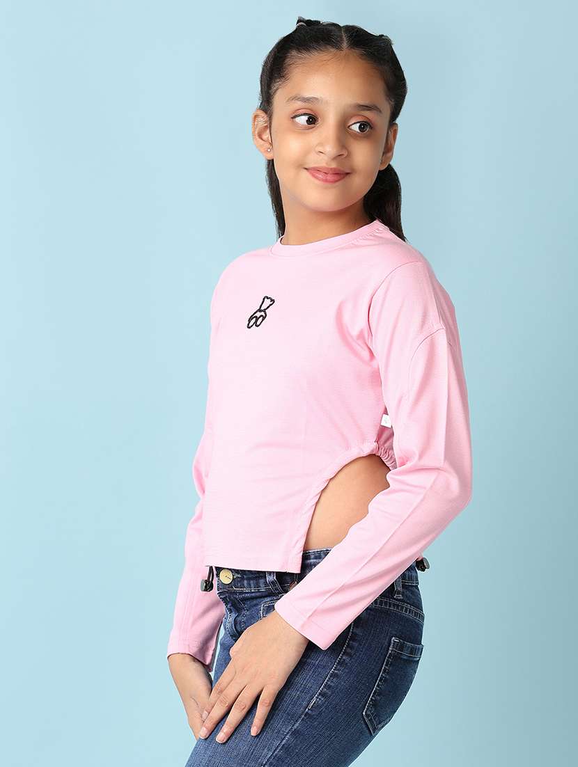girls chest printed side cut detailed long sleeves tee - 21495235 -  Standard Image - 2