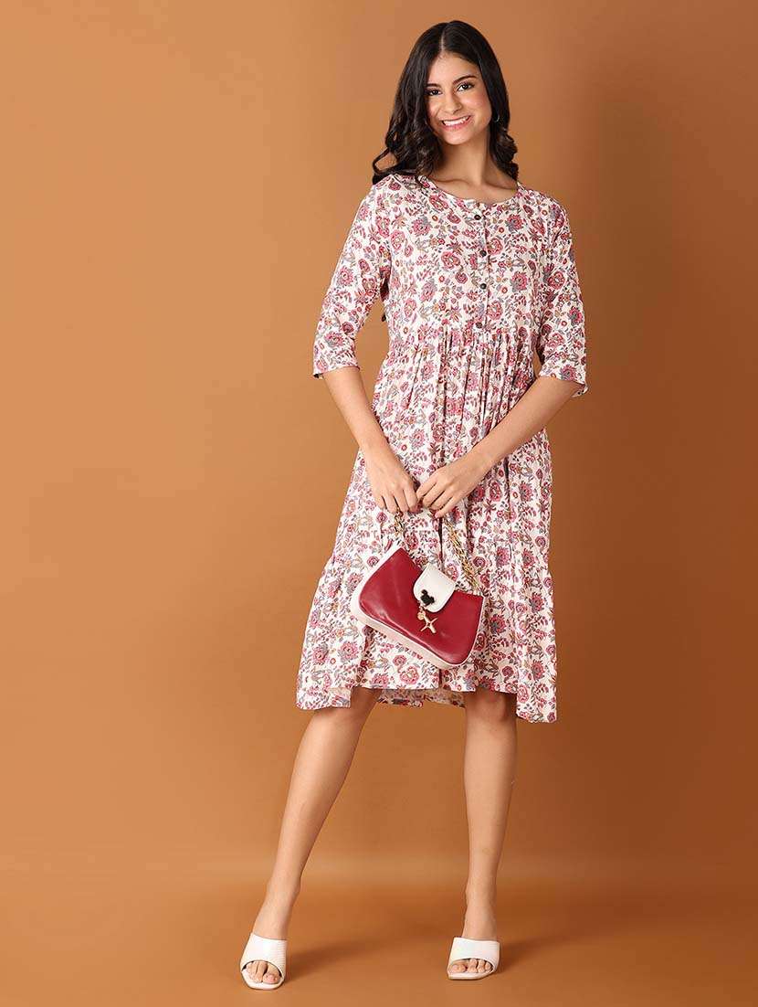 women pink printed tiered ethnic dress