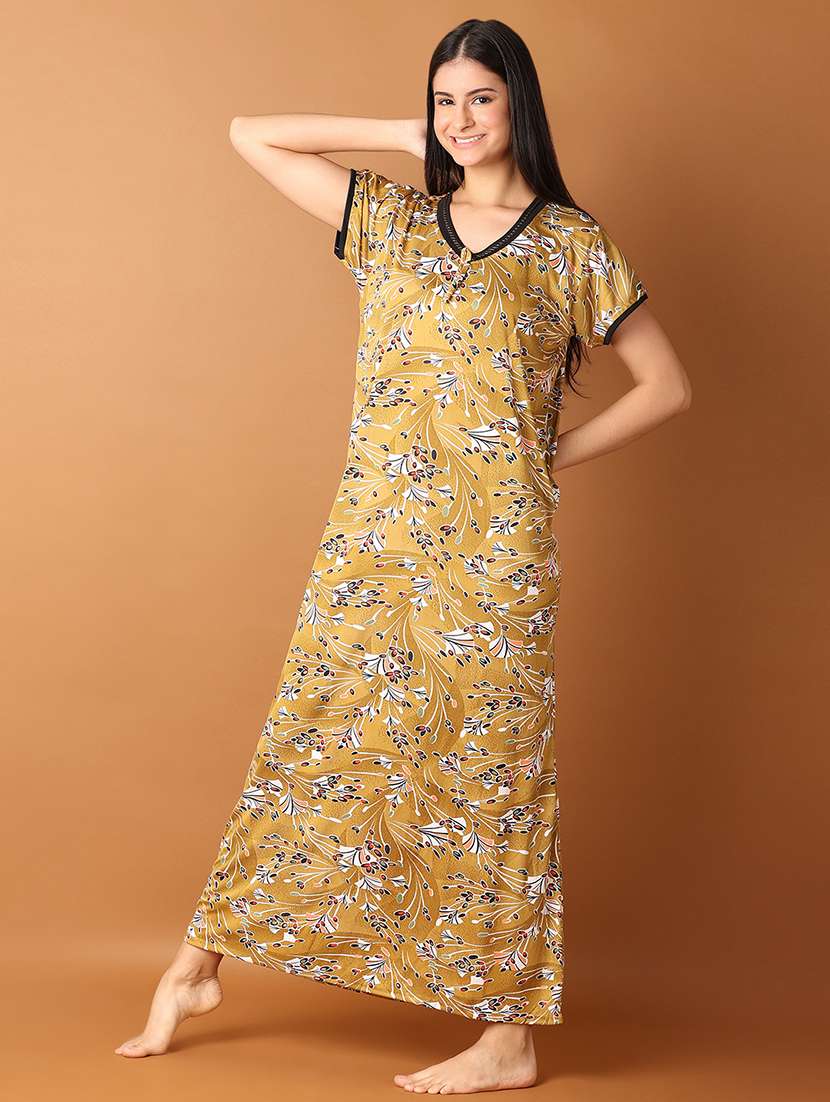 women mustard printed short sleeve nighty - 21495460 -  Standard Image - 2